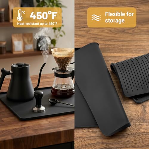 24×16-inch Barista-Grade Coffee Station Mat: Catch Spills, Protect Countertops! Silicone, Water Resistant & Heat Resistant. Perfect Under, as Dish Dryer or Pet Mat. (Black)