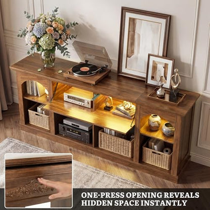YITAHOME Farmhouse TV Stand with LED Lights for Living Room, Walnut | 70 inch Entertainment Center with Flip-Down Carved Door, Media Console for 75/80 Inch TV, Adjustable Shelf & Open Storage
