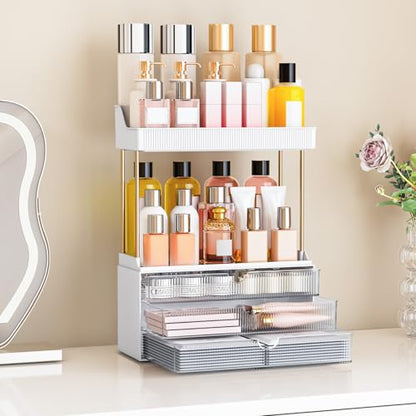 3-Drawer 2-Tier Acrylic Makeup & Bathroom Vanity Organizer | Clear,3 smooth drawers, 2 open shelves, dustproof, wipe clean, for large skincare, perfumes, lipsticks, dresser, counter