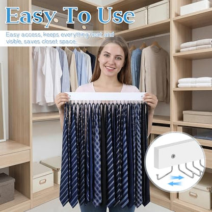 2 Pcs Tie Rack Wall Mounted, Wooden Tie Belt Organizer with 40 Hooks Non Slip 180 Degree Space Saving Hangers with Screws for Ties, Keys, Scarves, Tops, Belt, Bags (White)