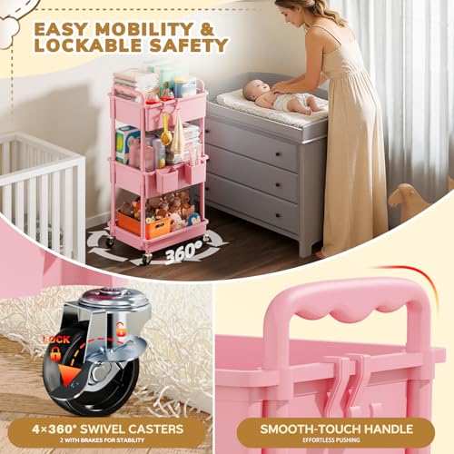 Diaper Cart with Lockable Wheels and Easy Assembly, 3 Tier Pink | Rolling Cart for Baby Nursery Storage, Sturdy Ample Diaper Caddy Organizer for Baby Girl, Boy, New Mom, Newborn Essentials