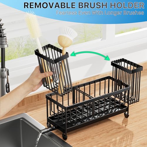 Sponge Holder for Kitchen Sink, Sink Caddy Organizer with High Brush Holder, Kitchen Countertop Organizers and Storage Essentials, Rustproof 304 Stainless Steel (Black, 9.25″)