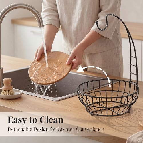 Large Capacity Fruit Basket for Kitchen Counter with Banana Hanger and Wooden Base, Large Countertop Fruit and Vegetable Storage Holder