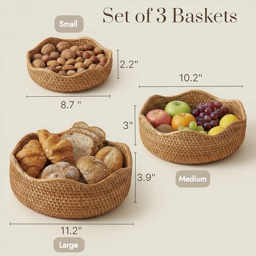 YANGQIHOME Rattan Bread Basket, Round Fruit Baskets, Wicker Storage Bowls, Natural Woven Serving Basket Bowls, Decorative Baskets for Kitchen Counter Organizing