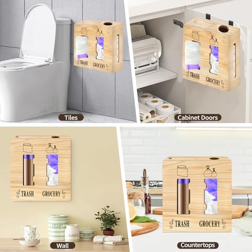 2 in 1 Trash Bag Dispenser and Grocery Bag Holder, Large Wooden Plastic Bag Holder, Wall Mount Trash Bags Holder for Grocery and Plastic Bags, Kitchen and Laundry Room Organization