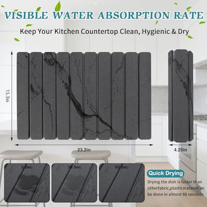 Stone Dish Drying Mat for Kitchen Counter, 24 x 16 Inch(Dark Gray Marble) | Absorbent diatomaceous earth and PVC, folds for compact storage, suitable for dishes, cups, bottles, or a bathroom floor mat