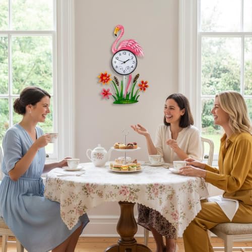 Outdoor Clock with Thermometer & Humidity | Silent None-Ticking, Outdoor Wall Clock Waterproof, Outside Clock for Patio, Living Room, Kitchen, Pink Flamingo