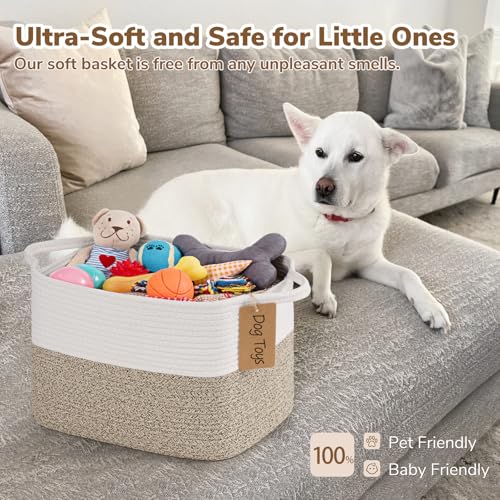 Goodpick Woven Rope Storage Basket for Shelves, Rectangle, Light Brown | 13" × 10" × 9" Stylish Gift Basket for Home Organization, Fits Dog Toys, Books & Nursery Essentials Storage, Writable Label