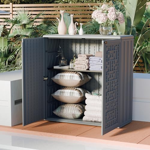 Mrosaa Indoor Outdoor Storage Cabinet Waterproof with Shelf,Plastic Storage Sheds Outdoor Cabinets for Patio/Garden/Backyard, Size 34.3''L*15''W*36.2''H（Gray）