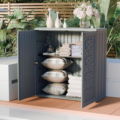 Mrosaa Indoor Outdoor Storage Cabinet Waterproof with Shelf,Plastic Storage Sheds Outdoor Cabinets for Patio/Garden/Backyard, Size 34.3''L*15''W*36.2''H（Gray）