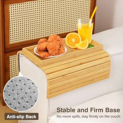 Couch Arm Tray, Bamboo Sofa Armrest Tray for Couch，Natural | Anti-Slip Couch Armrest Table, Foldable Couch Cup Holder for Dessert, Phone, Control, Cups