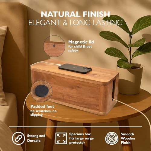 Acacia Cable Management Box - Rustic Design (Natural, Large) | Acacia Wood, Cable Organizer, Rustic Style, Modern Design, Desktop Storage