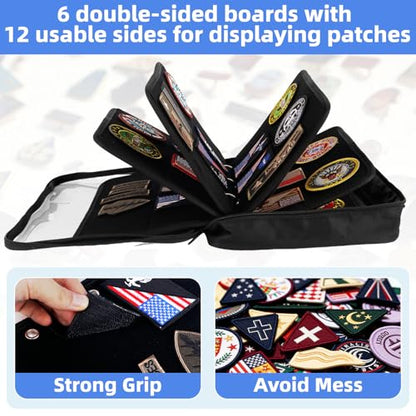 Patch Display Case, 6-Page (12-Side) Flip-Page Patch Book Storage Bag for Military, Police and Velcro Patches, Dustproof Tactical Nylon Patch Organizer with Transparent Front (Black, 12.5x10in)