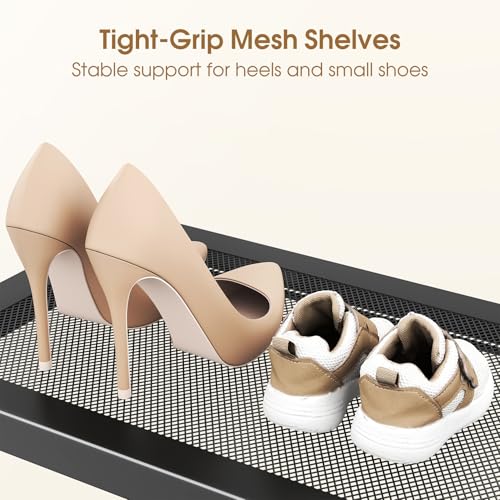 SAYZH Expandable Shoe Rack for Closet, Adjustable Metal Shoe Organizer with Sturdy Mesh Shelves for Boots & Heels, Stackable Shoe Storage for Entryway, Garage, Small Spaces (Black, 2-Tier)