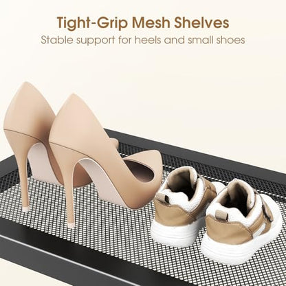 SAYZH Expandable Shoe Rack for Closet, Adjustable Metal Shoe Organizer with Sturdy Mesh Shelves for Boots & Heels, Stackable Shoe Storage for Entryway, Garage, Small Spaces (Black, 2-Tier)