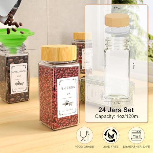 24 Spice Jars with Spice Drawer Organizer, 355 Spice Labels, 2 Pack Expandable From 11'' to 21'' Acrylic Spice Rack for Drawer, Seasoning Containers Storage Organization for Kitchen Cabinet Countertop
