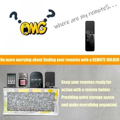 Mirrored Remote Holder, Wall Mounted Crush Diamond Bling Decoration Organizer Storage Box for Remote Phone Pad Wallet Notebook (8.3"×2.5"×4" For 3 or 4 Remote Controls)