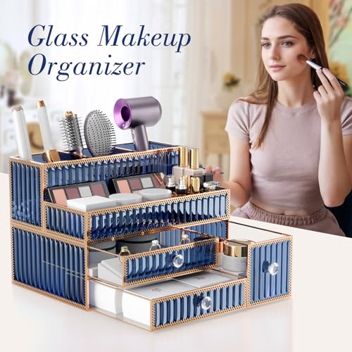 Youdepot Blue Tempered Glass Makeup Organizer | Multipurpose vanity organizer for cosmetics, skincare, hair tools, brushes, perfume and bathroom countertop storage