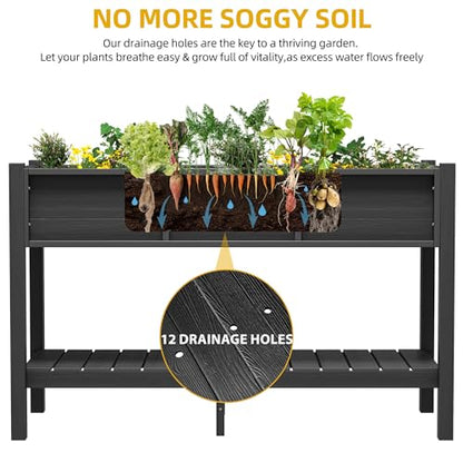 DWVO 48x18x30in Raised Garden Bed Kit, HDPE Planter Box Stand, Poly Wood Weather-Resistant Planter Box with Legs & Storage Shelf, Elevated Garden Bed for Backyard, Patio, Balcony,Black