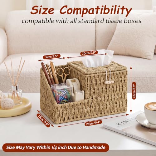 Tissue Box Cover with Storage, Wicker Paper Rope Square Tissue Box Holder | Tissue Remote Control Holder,Handwoven Decorative Cube Tissue Box Organizer for Bedroom Nightstand End Table,Natural