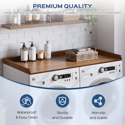 Fivesun Washer Dryer Countertop, 27.5" x 54“ Wood Washer and Dryer Countertop with Edge Rails for Laundry Room Organization and Storage, Dark Walnut