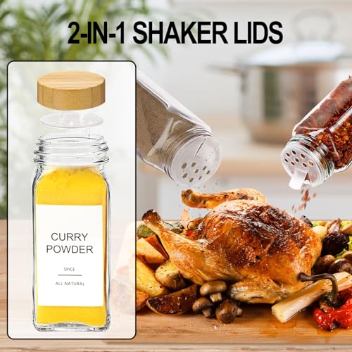 Glass Spice Jars with Bamboo Lid & 398 Label for Cabinet & Drawer Organizer