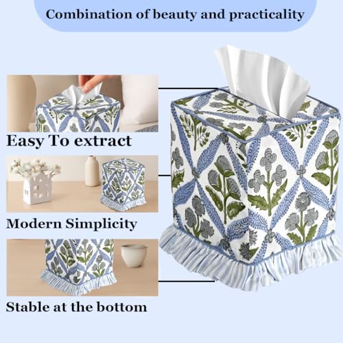 Light Steel Blue Block Print Ruffle Tissue Box Cover Handmade Cotton Decorative Square Napkin Holder for Home Bedroom Living Room Bathroom Vanity Countertop Car Office Kitchen