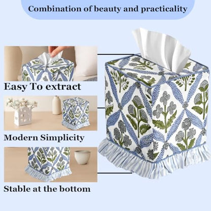 Light Steel Blue Block Print Ruffle Tissue Box Cover Handmade Cotton Decorative Square Napkin Holder for Home Bedroom Living Room Bathroom Vanity Countertop Car Office Kitchen