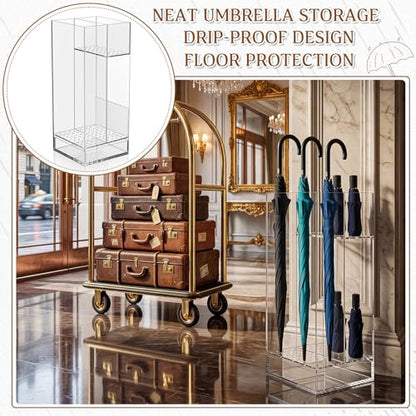 Leinuosen 9 x 9 x 22 Inch Clear Acrylic Umbrella Stand Organizer, Thick Freestanding Entryway Umbrella Holder with Long and Short Compartments, Modern Storage Rack for Home, Office and Lobby