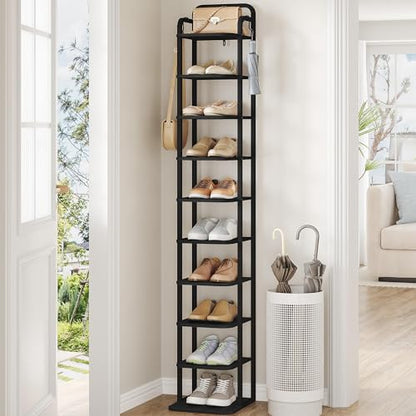 Hzuaneri Vertical Shoe Rack, Shoe Shelves, Wood Shoe Organizer for Closet, Entryway, Shoe Tower for Small Spaces, Free Standing, Adjustable, with 2 Hooks, 10 Tier Black SR11204B