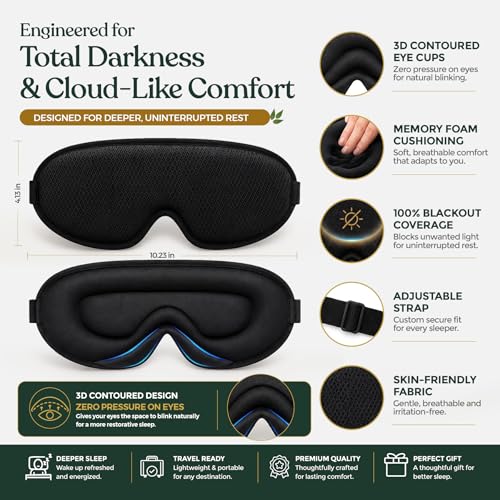 3-in-1 Sleep Kit for Women & Men - Eye Mask for Sleeping, Reusable Silicone Earplugs & 30 Nasal Strips | 3D Contoured Blackout Memory Foam | Travel Set for Snoring Relief | by Lumen and Bloom