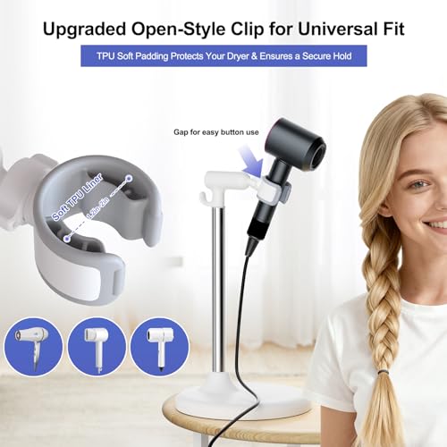Heavy Duty Hair Dryer Stand, 360° Rotating, Adjustable Height | Hands Free Hair Dryer Stand, Stepless 17.2"–51" Height, 360° Rotating, TPU Clip, Weighted Base for Salon & Home Use(White)