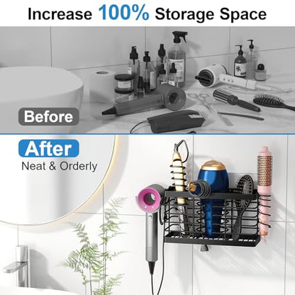 2026 Upgraded 3-in-1 Universal Hair Tool Organizer, L Size, Black | Adjustable Height Metal Hair Dryer Holder, Wall Mounted, Over Cabinet Door, Countertop, Bathroom Storage