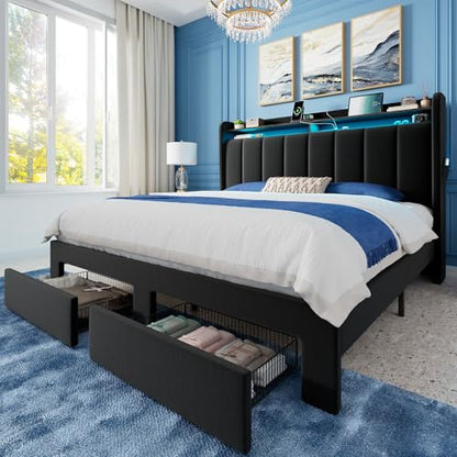 Allewie Queen Bed Frame with 2-Tier Storage Headboard & 2 Large Drawers