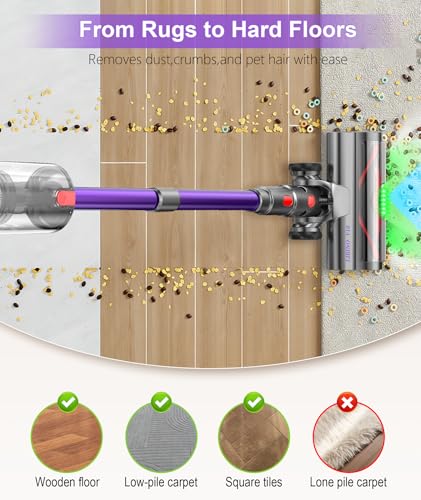 Cordless Vacuum Cleaner,650W 55KPA 70Mins Wireless Stick Vacuum Cleaners | Rechargeable Vacuum with Green Light,Powerful Anti-Tangle Vacuum for Home Carpet Hardwood Floors,Purple