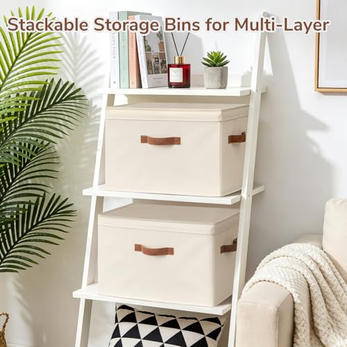 CHICVITA 4-Pack Large Fabric Storage Bins with Lids for Shelves, Ivory | 17.1" x 11.2" x 11.6" Decorative Storage Boxes with Handles for Clothes Fit Closet, Toy Box with Support Plate for Playroom