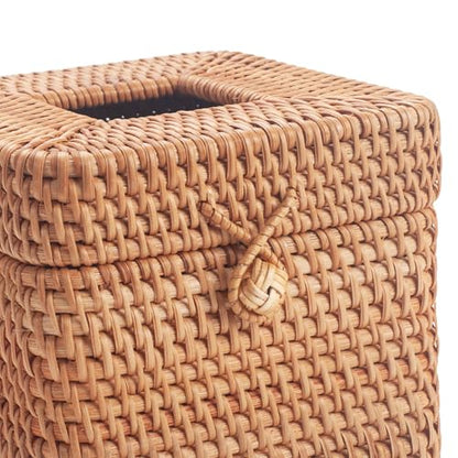 Rattan Tissue Box Cover Natural Woven Facial Napkin Holder Square with Lid 5.7 x 5.7 x 5.5 Inch (Natural)