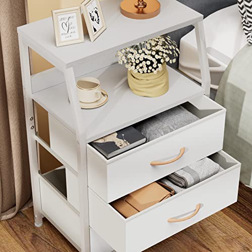 White Night Stand with 3 Fabric Drawers, Small Bedside Table | 2-Tier Shelf, Nightstand with Drawer for Bedroom, Storage Cabinet for Dorm, Closet, Living Room, Sturdy Steel Frame, Wood Top