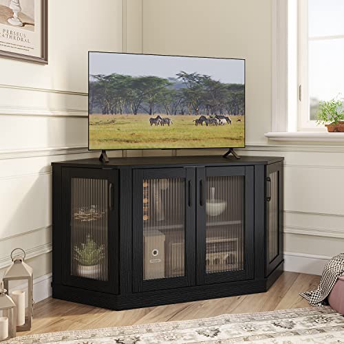 Corner TV Stand - 47 Inch Media Console with 4 Doo... (Black | Honeycomb Board)