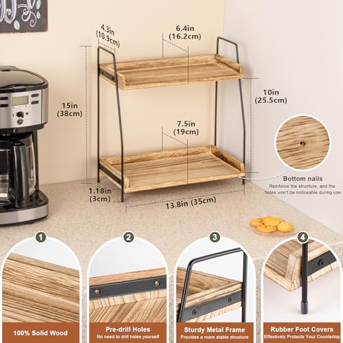 ANBOXIT Countertop Coffee Station Organizer, 2 Tier Wooden Shelf | for Coffee Bar Accessories, Condiment Storage Caddy for Kitchen, Home, Office - Brown