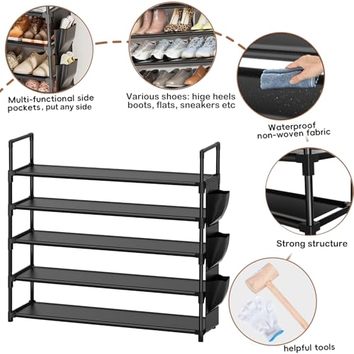 Shoe Rack 5 Tier 20-25 Storage Capacity Shoes Organizer | Closet, Entryway, Garage, Door Entrance, Space Saving Shoes Holder Stand, Sturdy Metal Free Standing Boot Shelf Tower Black