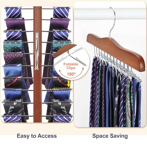 TOPIA HANGER Tie Rack Hanger for Closet 2 Packs, Wooden Tie Organizer for Men with 24 Folding Hooks, Space Saving Necktie Holder for Storage and Display Bra, Tank Top, Camisole (Walnut)-CT14WA-2