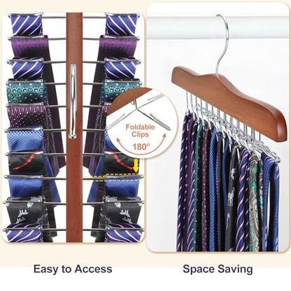 TOPIA HANGER Tie Rack Hanger for Closet 2 Packs, Wooden Tie Organizer for Men with 24 Folding Hooks, Space Saving Necktie Holder for Storage and Display Bra, Tank Top, Camisole (Walnut)-CT14WA-2
