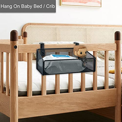 Bedside Caddy Hanging Storage Basket Beside Shelf Metal Organizer for Collage Dorm Bunk Bed,Hospital Bed,Baby Bed - Bedroom Essentials for Magazine,Remote Control,Phone,Drinks (White)