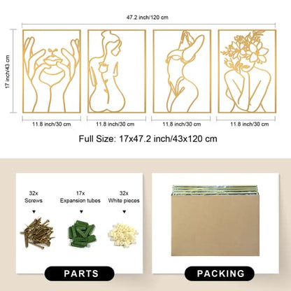 4 Pack Gold Wall Art Decor, Minimalist Single Line Real Metal Wall Art, Woman's Body Shape Abstract Wall Art (Gold Classic Style, 17 x 11.8'')