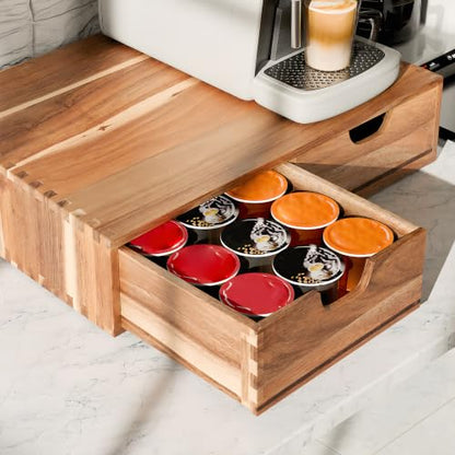 Wooden K Cup Organizer, Acacia Coffee Pods and Tea Organizer Holder | 30 Pod Capacity Coffee Pod Storage Box for K Cup Compatible Pods and Tea Bags, Countertop Coffee Station for Home Kitchen