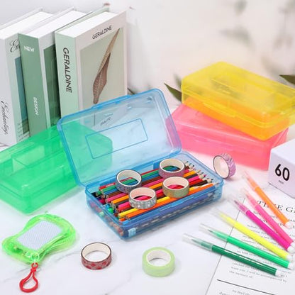 Fainne 12 Pcs Plastic Pencil Box Large Crayon Box Pencil Case with Snap Closure Lids Multi Purpose Clear Plastic Storage Organizer for School Office Supplies, 4 Colors(Bright Colors)