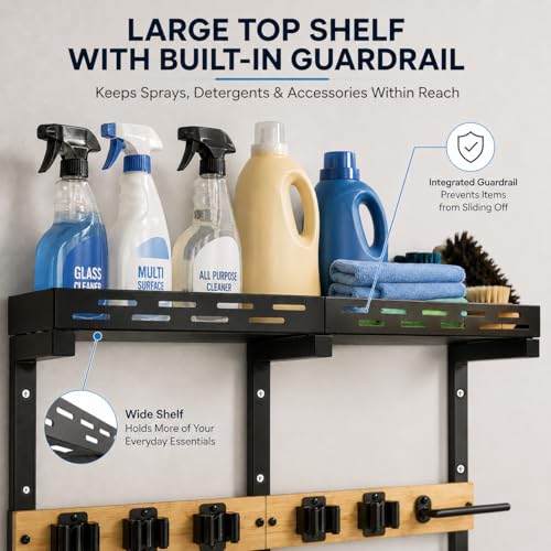 Broom Holder Wall Mount With Built-In Guardrail Shelf, Cleaning Supplies Organizer With 5 Mop Grippers, 6 Hooks And Vacuum Holder For Laundry Room Garage Pantry Kitchen