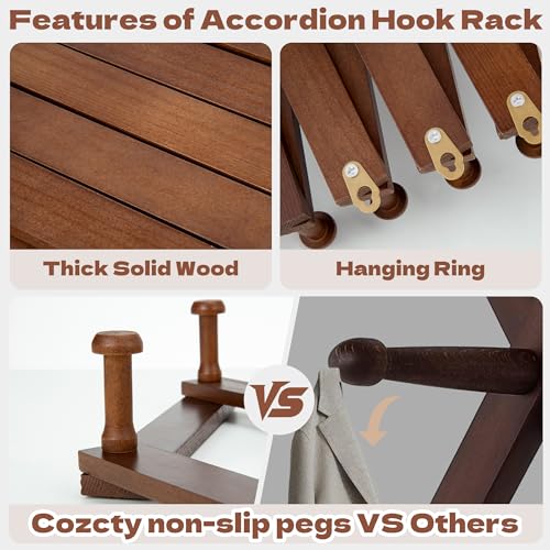 Accordion Wall Hanger, Wooden Hat Rack with 16 Hooks | Expandable Peg Hat Organizer, Decorative Coat Rack, Hanging Baseball Caps, Bags, Scarves for Wall (Walnut)