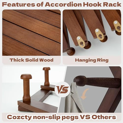 Accordion Wall Hanger, Wooden Hat Rack with 16 Hooks | Expandable Peg Hat Organizer, Decorative Coat Rack, Hanging Baseball Caps, Bags, Scarves for Wall (Walnut)